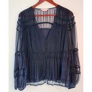 Max Azria Collection 100% Silk Blouse Navy Blue Sheer Ruffle Tiered Femme Med